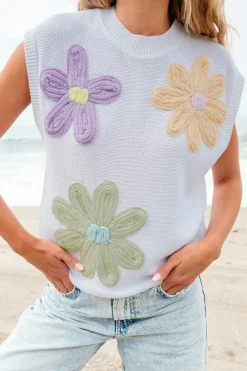 Best Dear-Lover Multi Crochet Flower Knit Short Sleeve Sweater Tops White