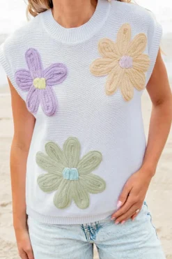 Best Dear-Lover Multi Crochet Flower Knit Short Sleeve Sweater Tops White