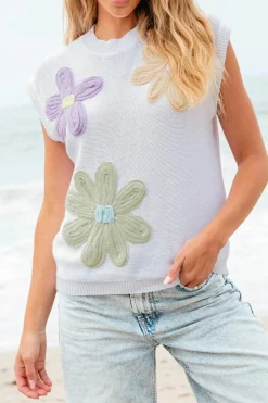 Best Dear-Lover Multi Crochet Flower Knit Short Sleeve Sweater Tops White
