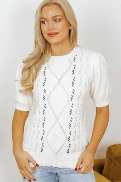 Fashion Dear-Lover Multicolor Stitch Detail Cable Knit Short Sleeve Sweater White
