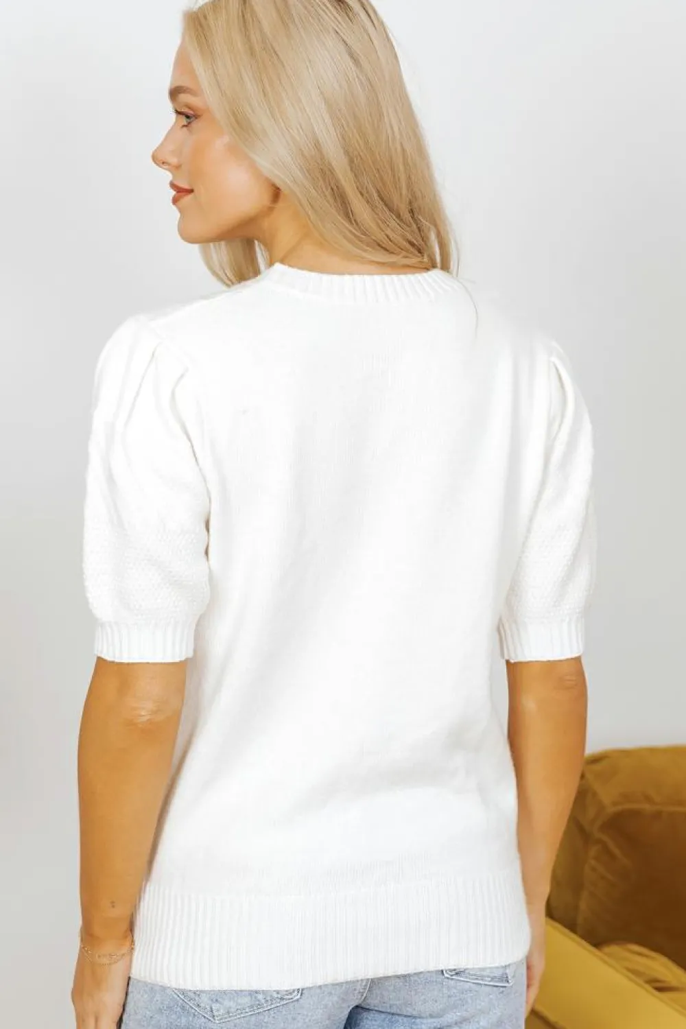 Fashion Dear-Lover Multicolor Stitch Detail Cable Knit Short Sleeve Sweater White