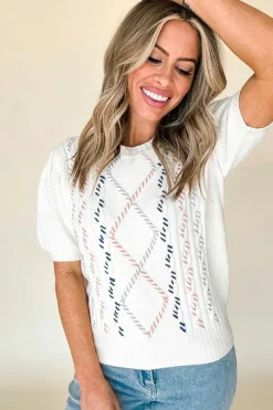 Fashion Dear-Lover Multicolor Stitch Detail Cable Knit Short Sleeve Sweater White