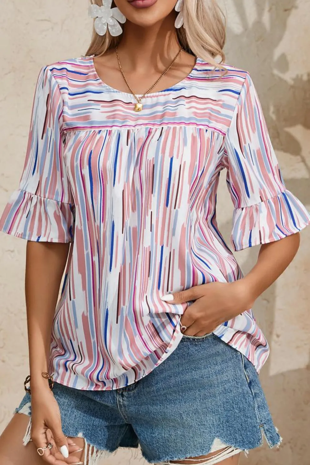 Outlet Dear-Lover Multicolor Striped Splash Half Sleeve Blouse White
