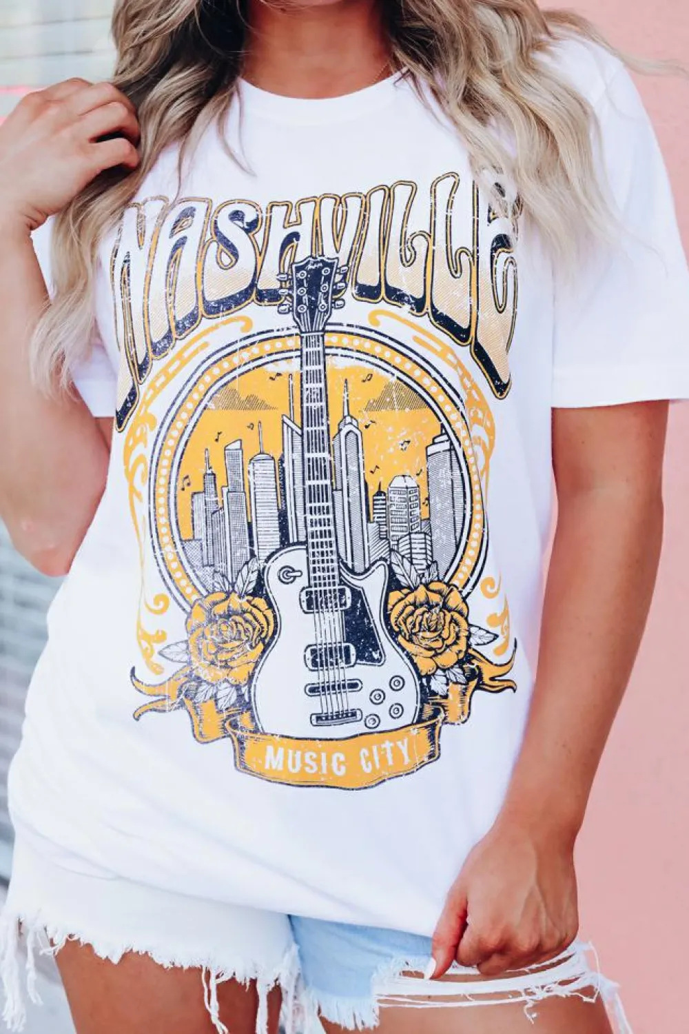 Sale Dear-Lover Music City NASHVILLE Guitar Graphic T Shirt White