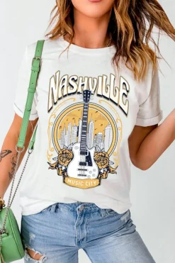 Sale Dear-Lover Music City NASHVILLE Guitar Graphic T Shirt White