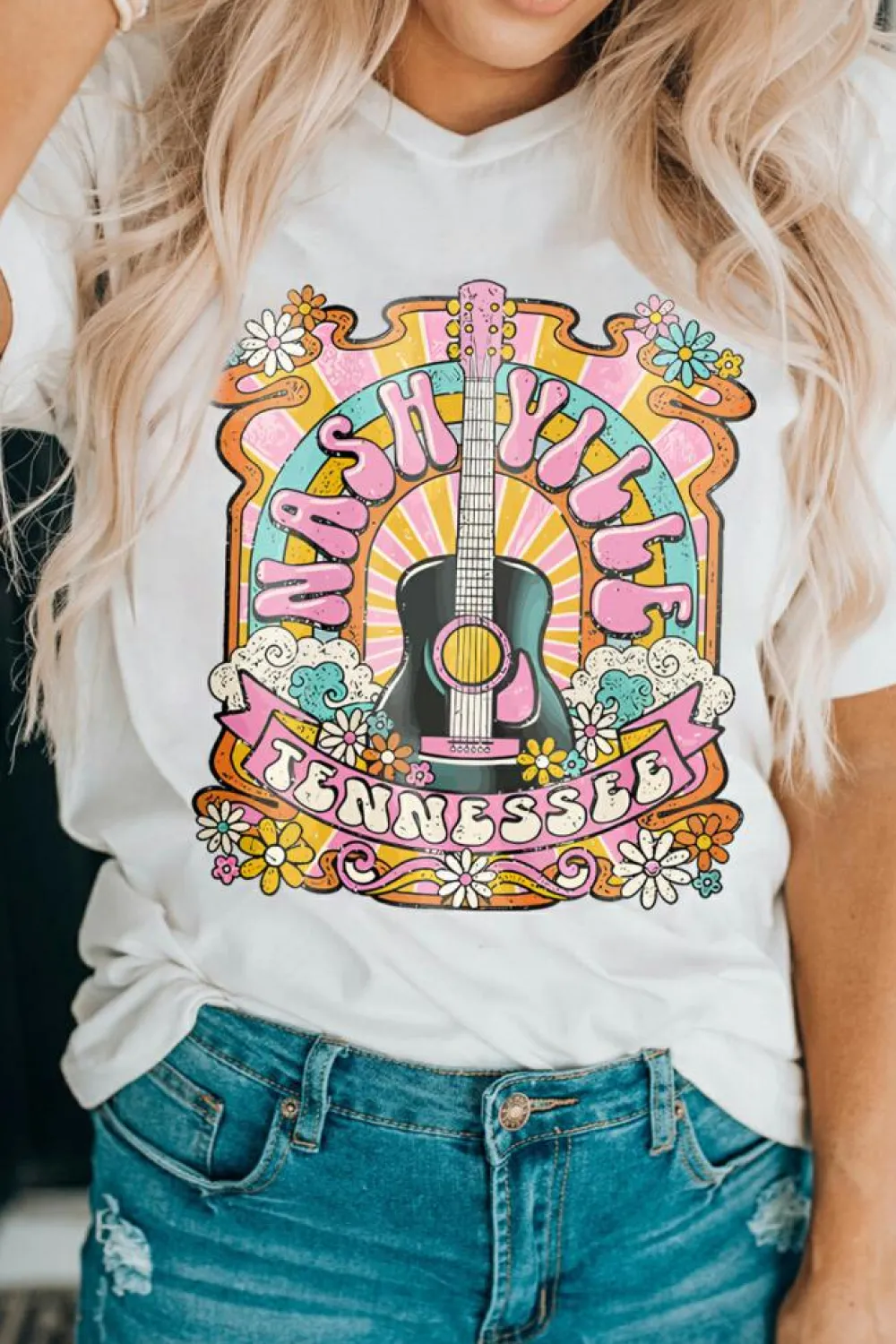 Clearance Dear-Lover NASHIVILLE Guitar Graphic Country Music T Shirt White