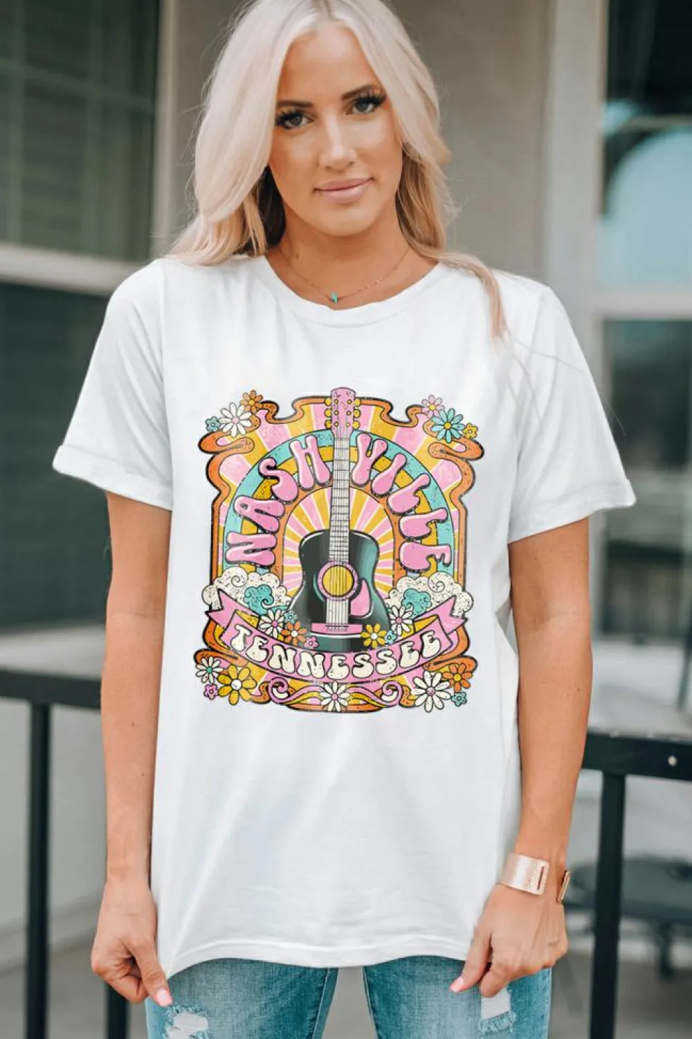 Clearance Dear-Lover NASHIVILLE Guitar Graphic Country Music T Shirt White