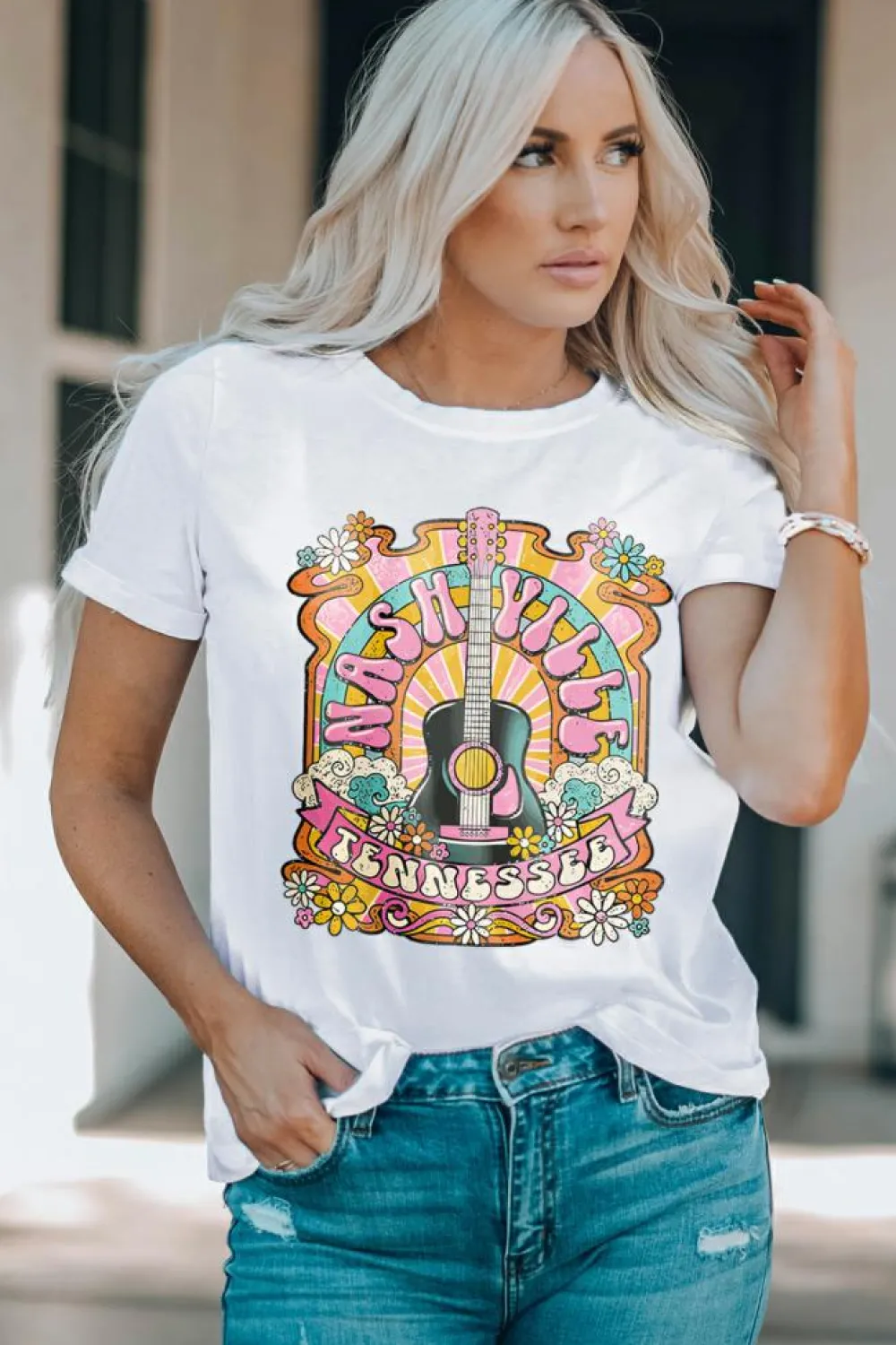 Clearance Dear-Lover NASHIVILLE Guitar Graphic Country Music T Shirt White