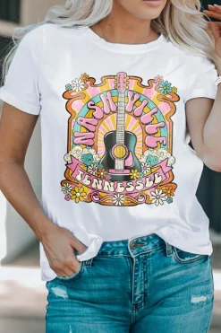 Clearance Dear-Lover NASHIVILLE Guitar Graphic Country Music T Shirt White