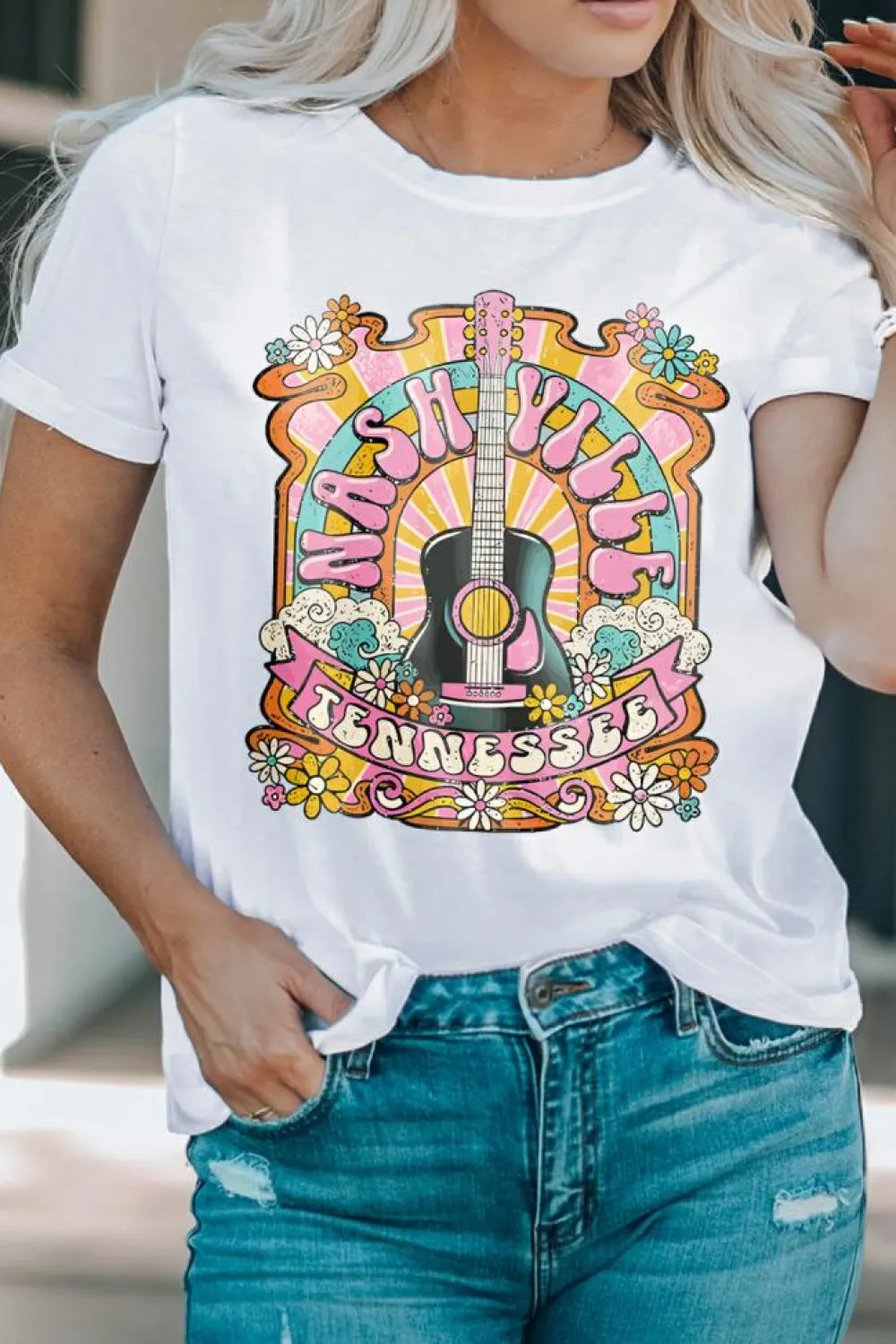 Clearance Dear-Lover NASHIVILLE Guitar Graphic Country Music T Shirt White