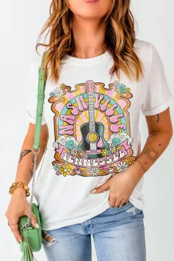 Clearance Dear-Lover NASHIVILLE Guitar Graphic Country Music T Shirt White