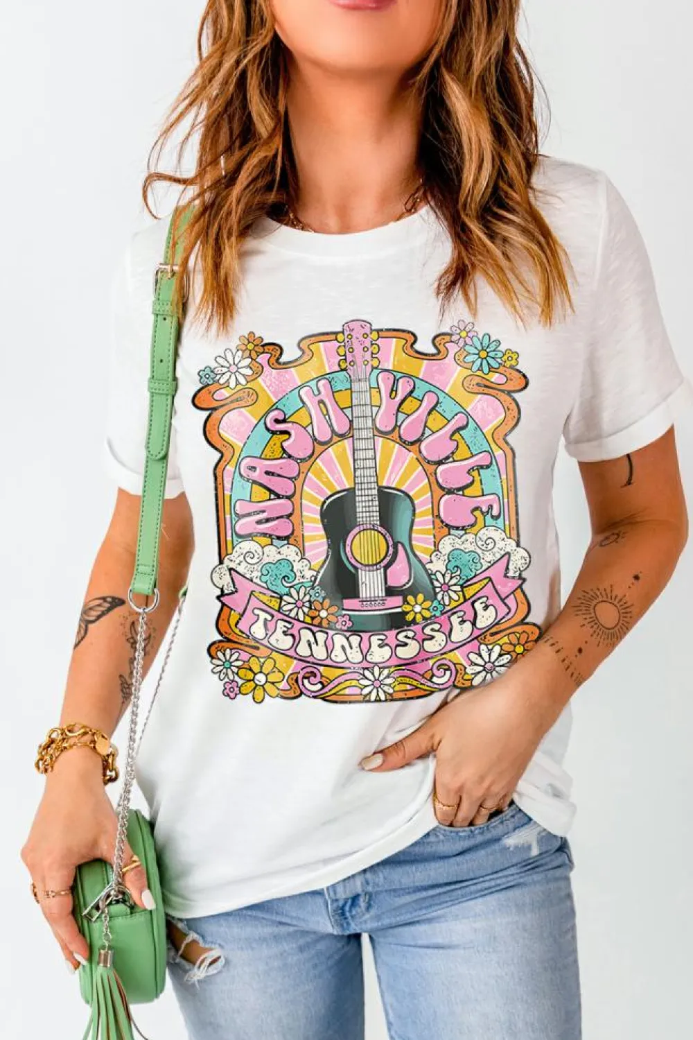Clearance Dear-Lover NASHIVILLE Guitar Graphic Country Music T Shirt White