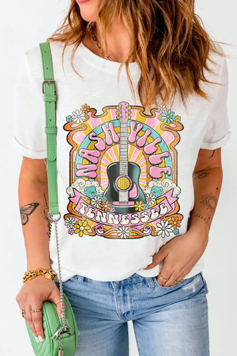 Clearance Dear-Lover NASHIVILLE Guitar Graphic Country Music T Shirt White