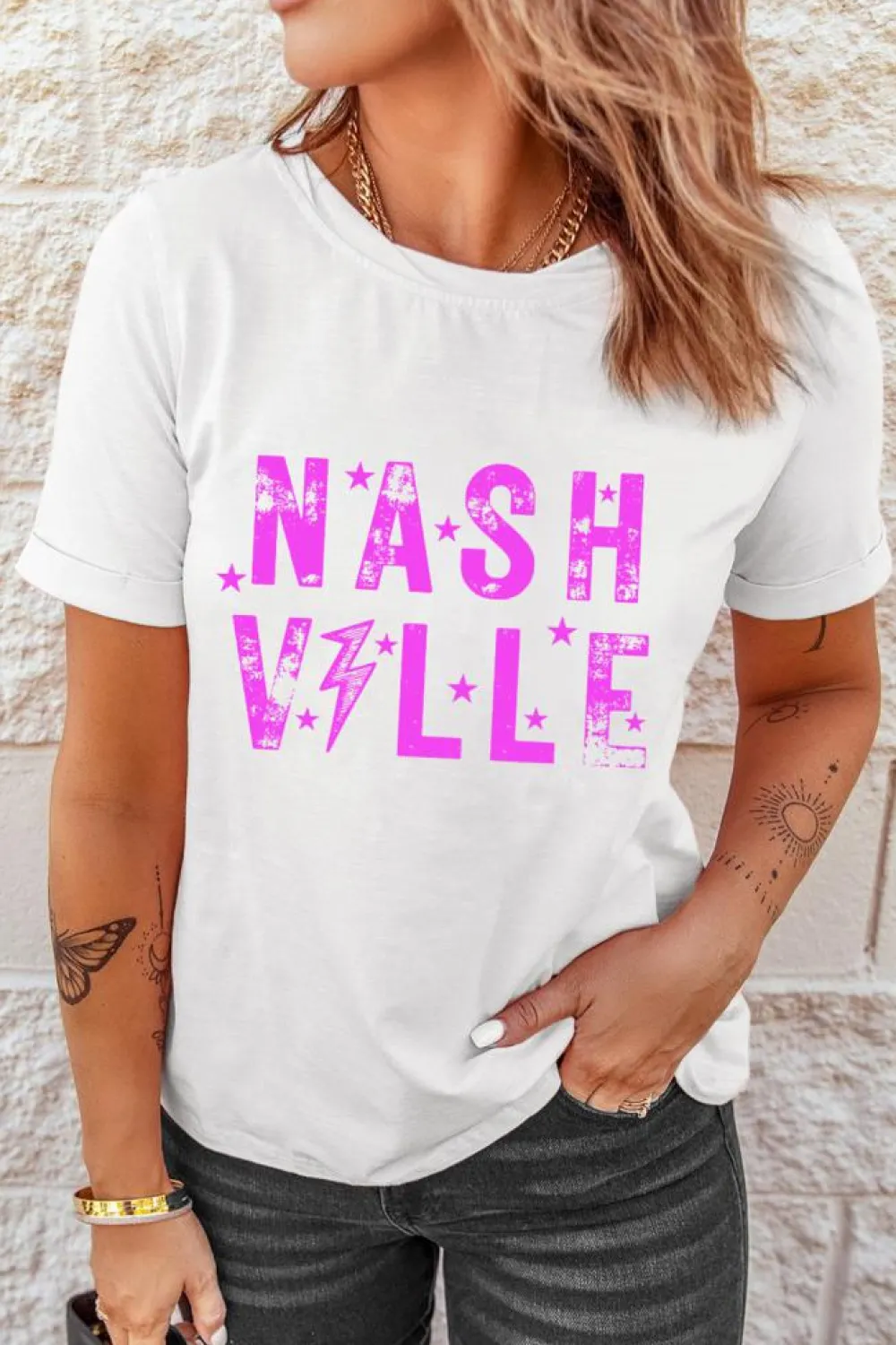 Fashion Dear-Lover NASHVILLE Star Graphic Crewneck T Shirt White