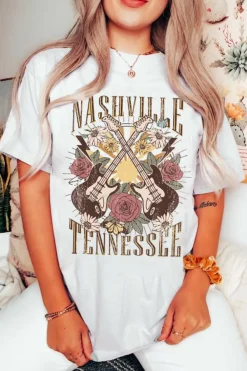 Outlet Dear-Lover Nashville Tennessee Guitar Rose Graphic Crewneck Tee White