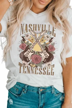 Outlet Dear-Lover Nashville Tennessee Guitar Rose Graphic Crewneck Tee White