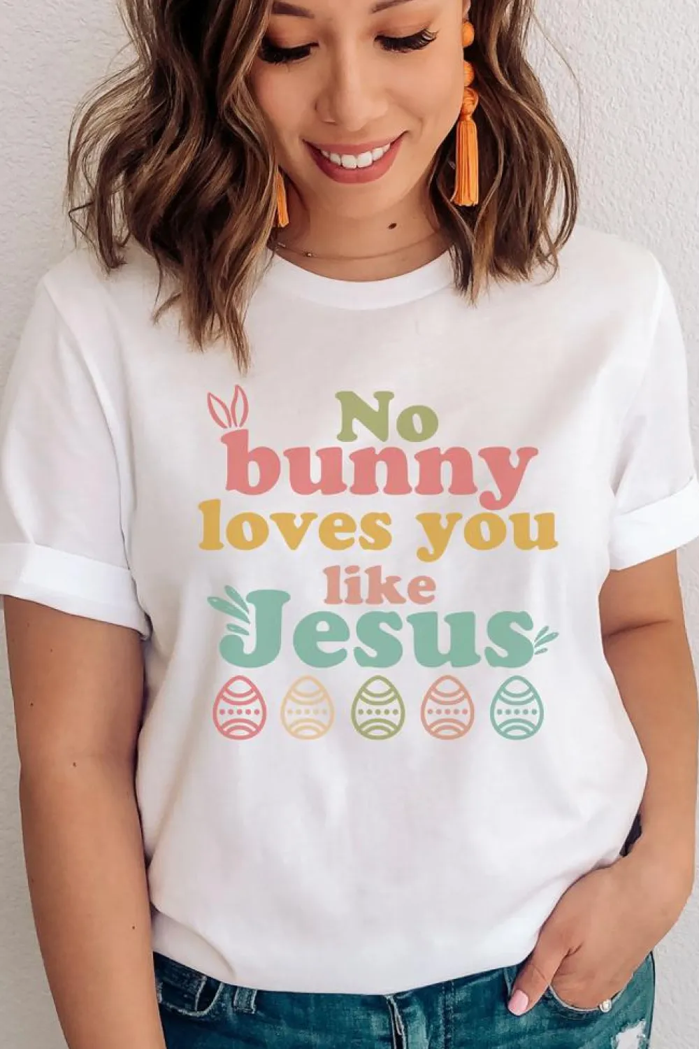 Clearance Dear-Lover No bunny loves you like Jesus Graphic Easter Day T-shirt White