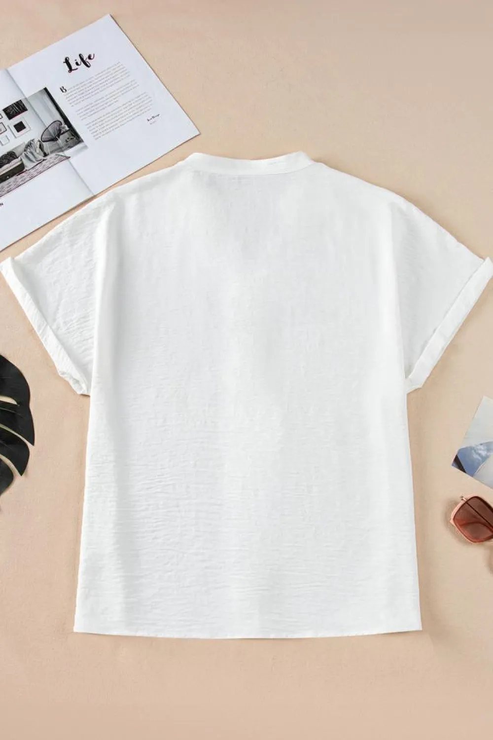 Fashion Dear-Lover Notched Neck Batwing Sleeve Lightweight Blouse White