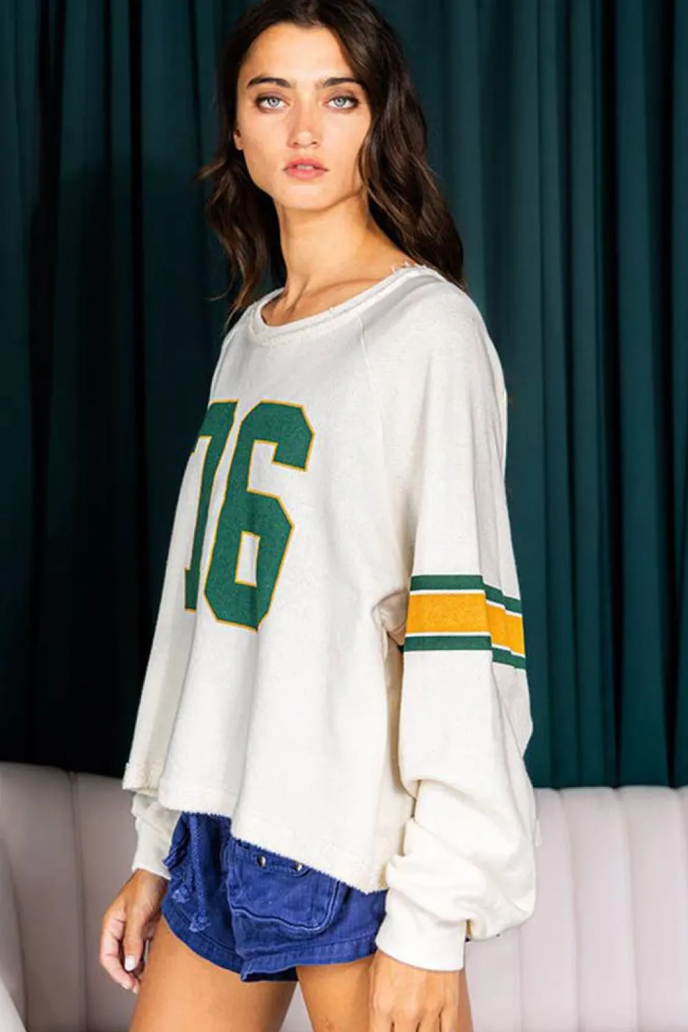 Best Dear-Lover Number 76 Printed Retro Sporty Long Sleeve Top White