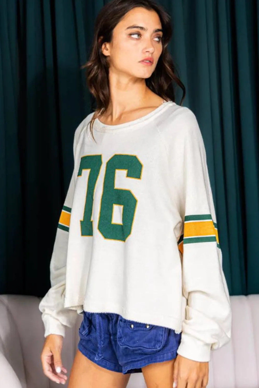 Best Dear-Lover Number 76 Printed Retro Sporty Long Sleeve Top White