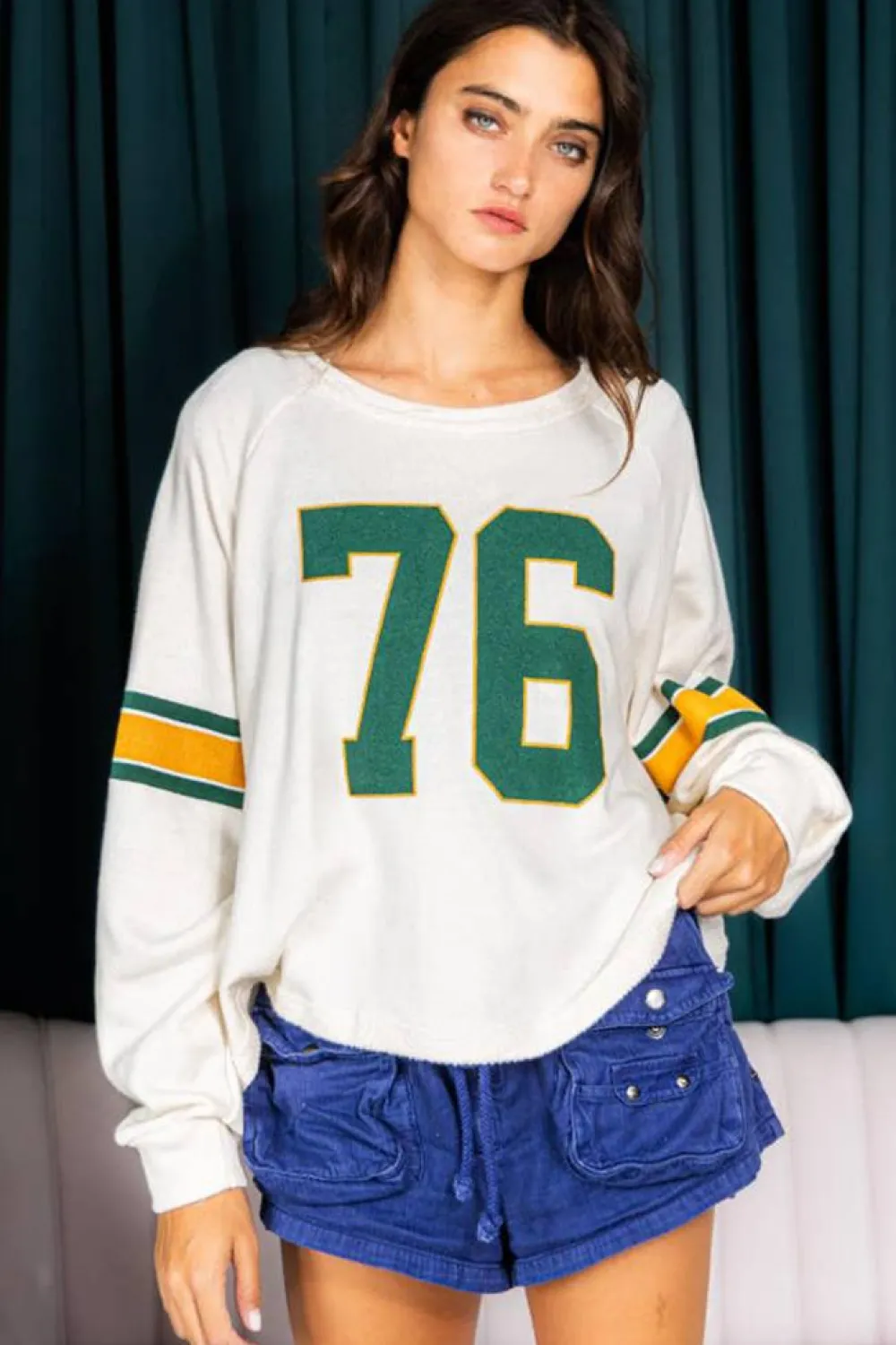Best Dear-Lover Number 76 Printed Retro Sporty Long Sleeve Top White