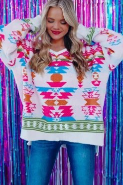 Sale Dear-Lover Oversize Aztec Print High Low V Neck Sweater White
