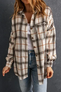 Outlet Dear-Lover Oversized Plaid Pattern Shacket with Slits White