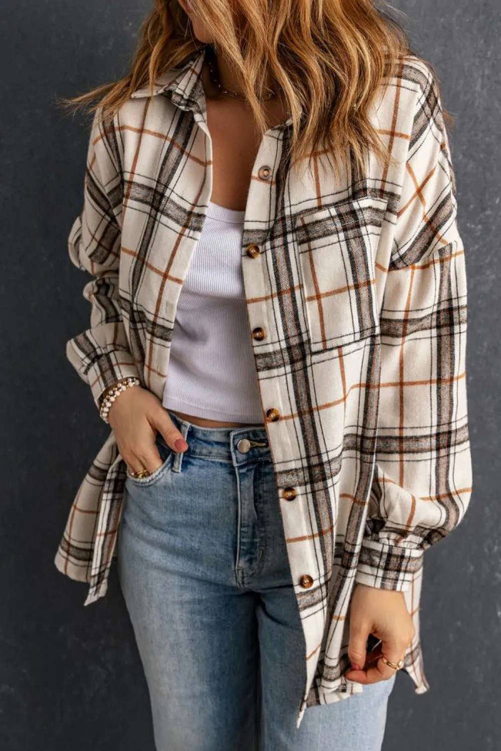 Outlet Dear-Lover Oversized Plaid Pattern Shacket with Slits White