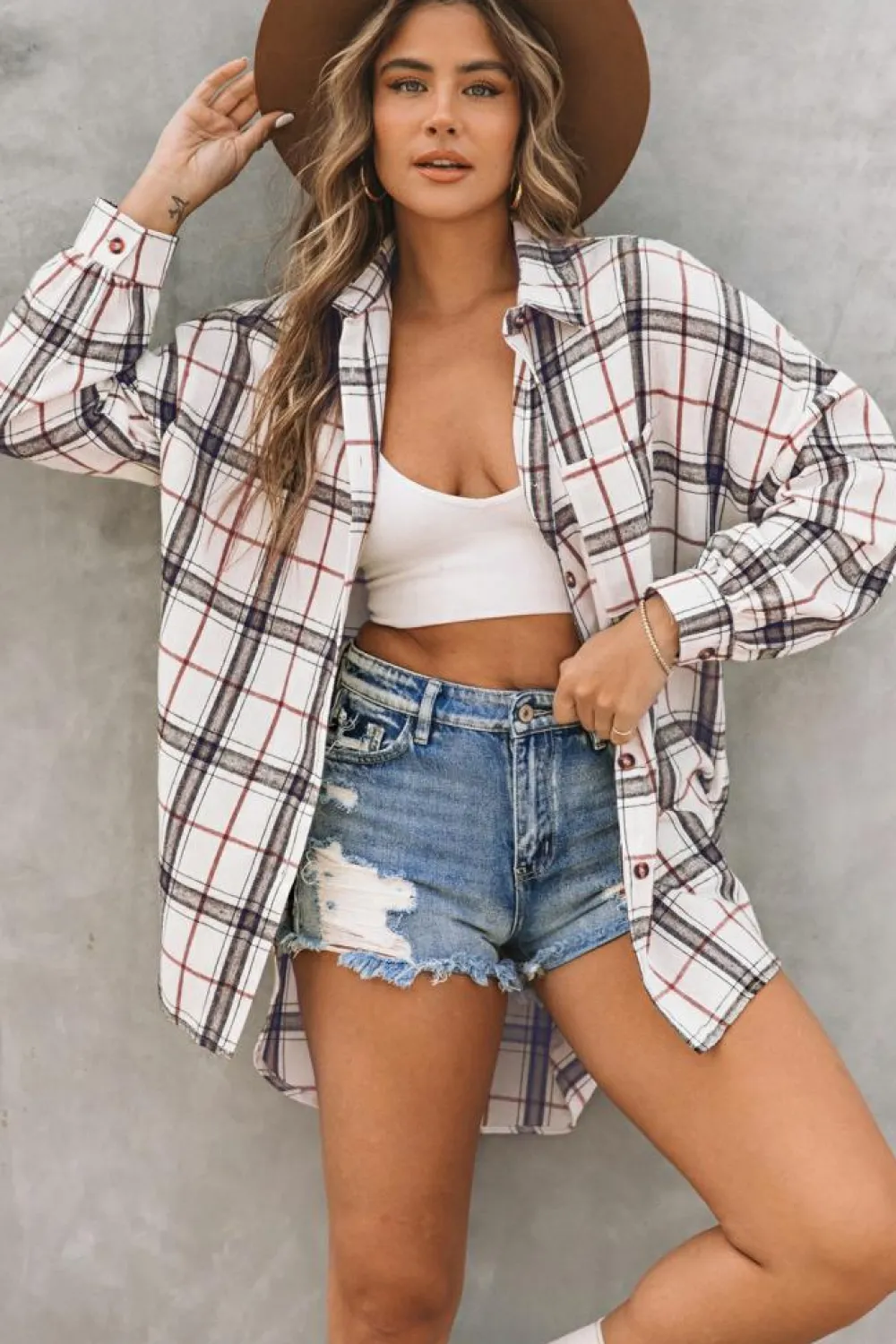 Outlet Dear-Lover Oversized Plaid Pattern Shacket with Slits White