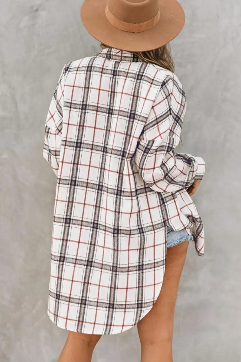 Outlet Dear-Lover Oversized Plaid Pattern Shacket with Slits White