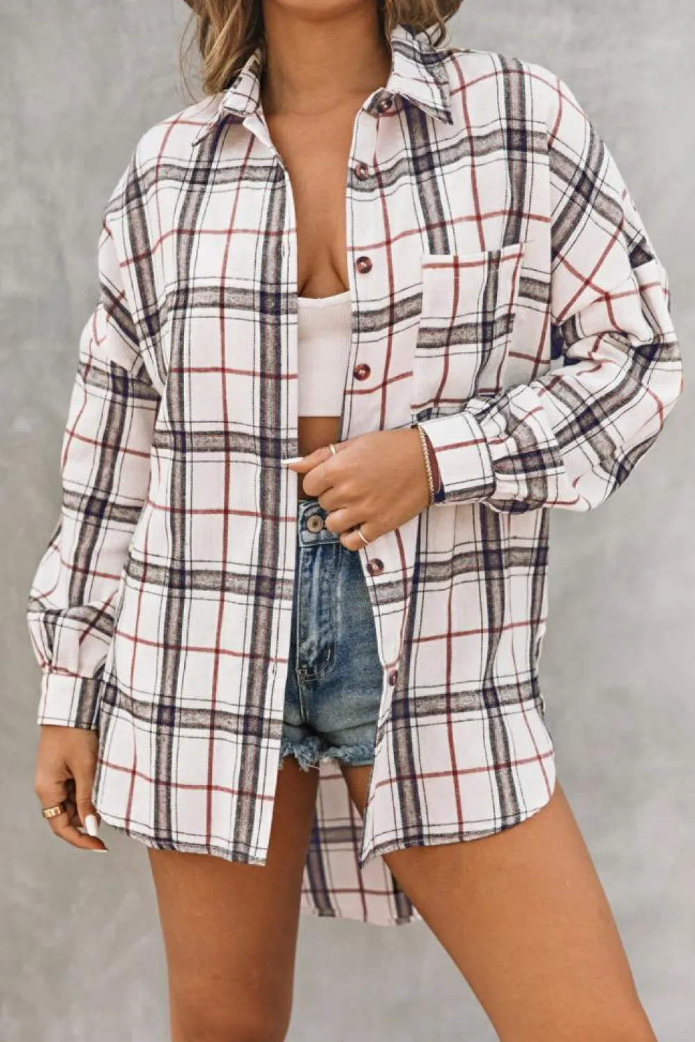 Outlet Dear-Lover Oversized Plaid Pattern Shacket with Slits White