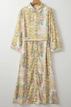 New Dear-Lover Paisley Print Buttoned Knotted High Waist Midi Dress White