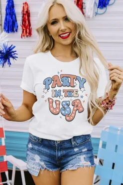 Online Dear-Lover PARTY IN THE USA Flag Fashion Graphic Tee White