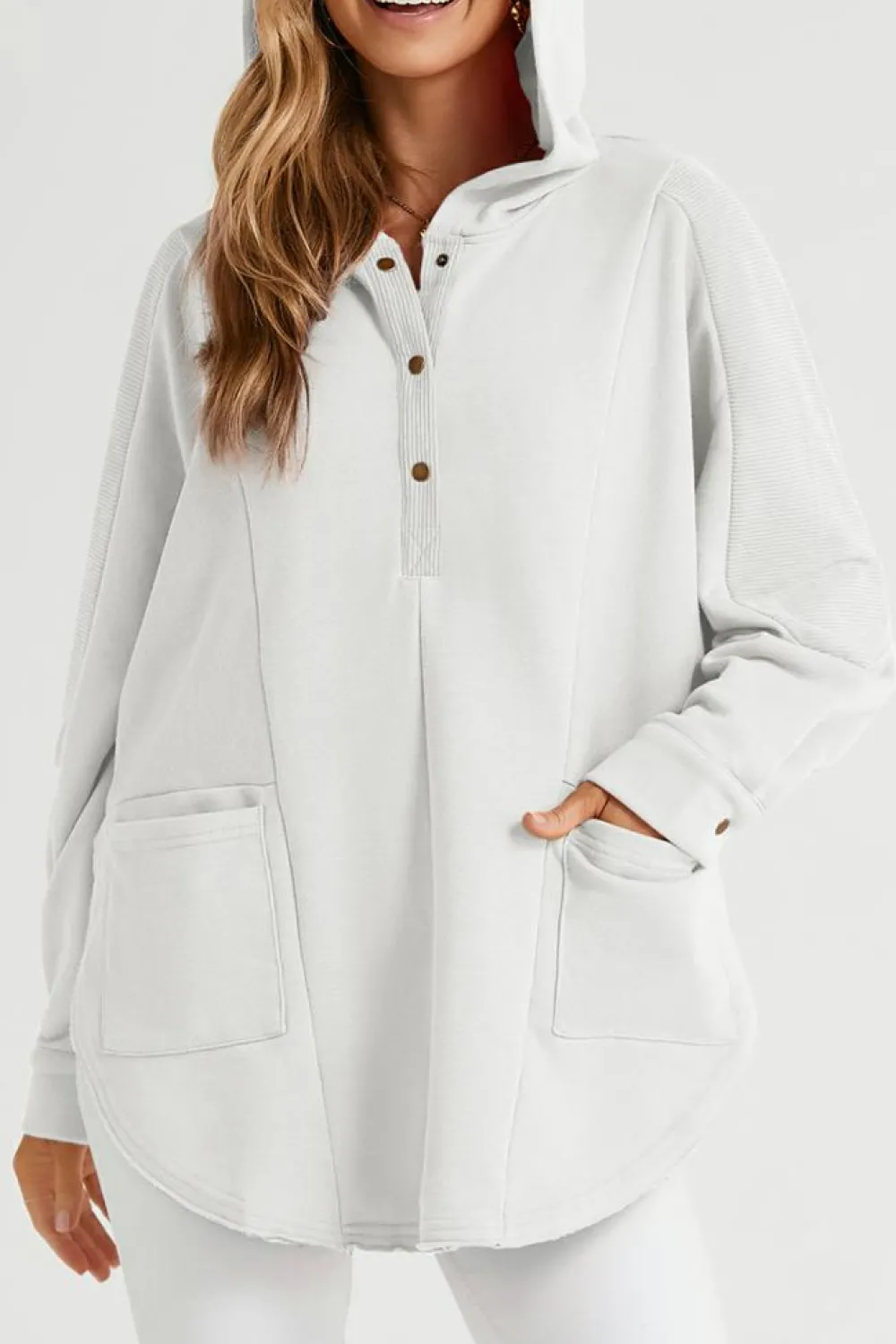 Discount Dear-Lover Patchwork Side Pockets Oversized Henley Hoodie White