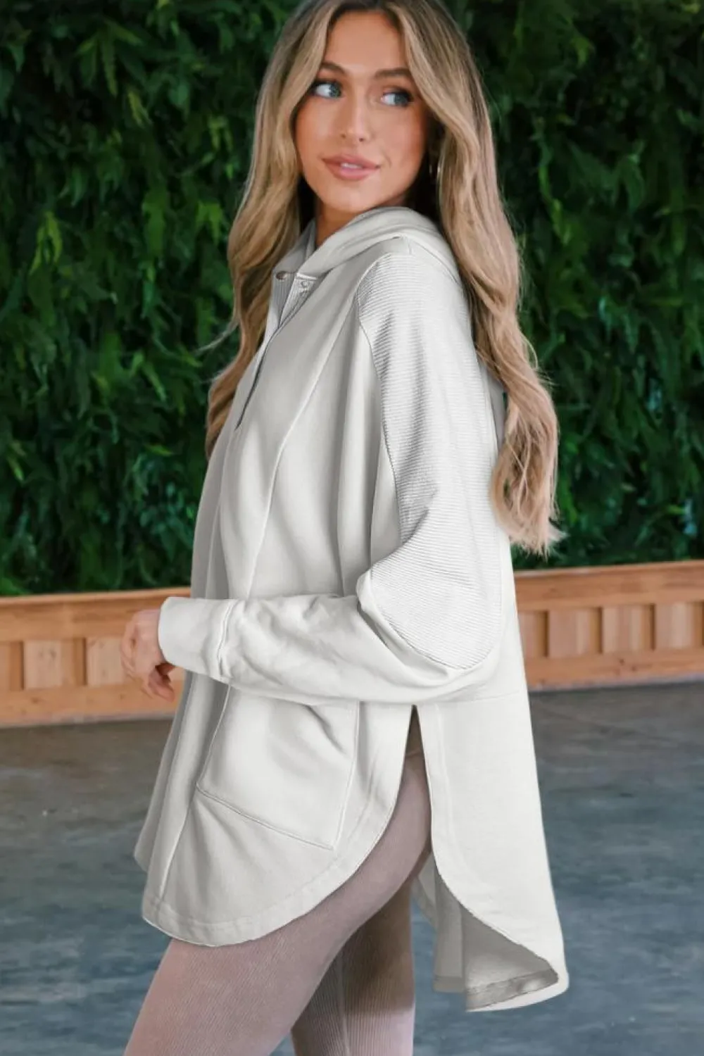 Discount Dear-Lover Patchwork Side Pockets Oversized Henley Hoodie White