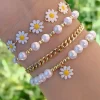 Clearance Dear-Lover 4pcs Daisy Pearl Beaded Chain Bracelet Set White