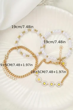 Clearance Dear-Lover 4pcs Daisy Pearl Beaded Chain Bracelet Set White