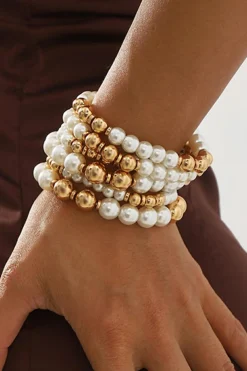 Best Dear-Lover 5pcs Pearl Plated Beaded Bracelet Set White