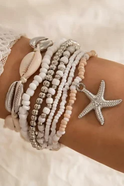 Clearance Dear-Lover 7pcs Starfish Seashell Beaded Bracelet Set White