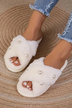 Sale Dear-Lover Pearl Decor Criss Cross Plush Slippers White