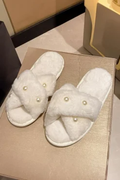 Sale Dear-Lover Pearl Decor Criss Cross Plush Slippers White