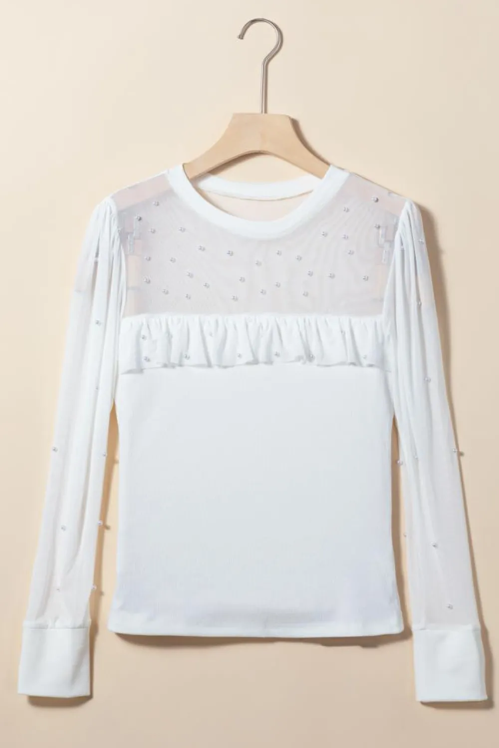 Hot Dear-Lover Pearl Decor Mesh Patchwork Ribbed Long Sleeve Top White