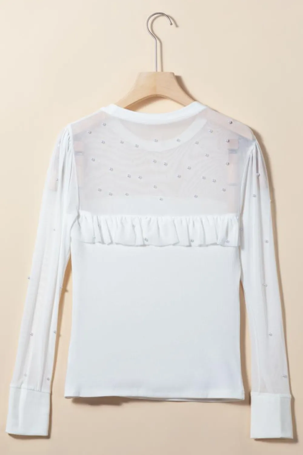 Hot Dear-Lover Pearl Decor Mesh Patchwork Ribbed Long Sleeve Top White