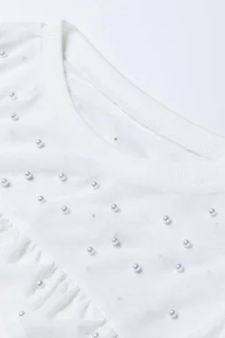 Hot Dear-Lover Pearl Decor Mesh Patchwork Ribbed Long Sleeve Top White