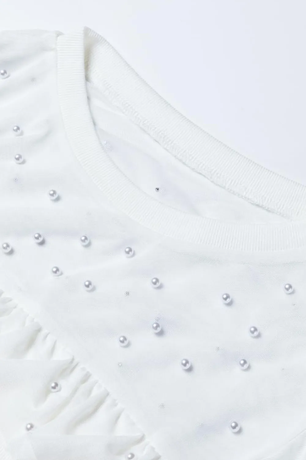 Hot Dear-Lover Pearl Decor Mesh Patchwork Ribbed Long Sleeve Top White