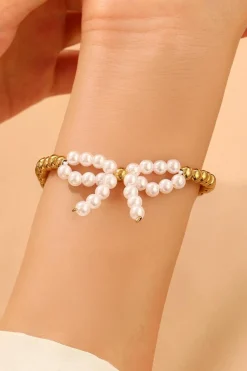 Discount Dear-Lover Pearled Bow Knot Plated Beads Adjustable Bracelet White