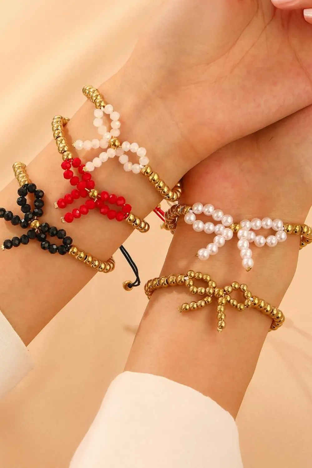 Discount Dear-Lover Pearled Bow Knot Plated Beads Adjustable Bracelet White