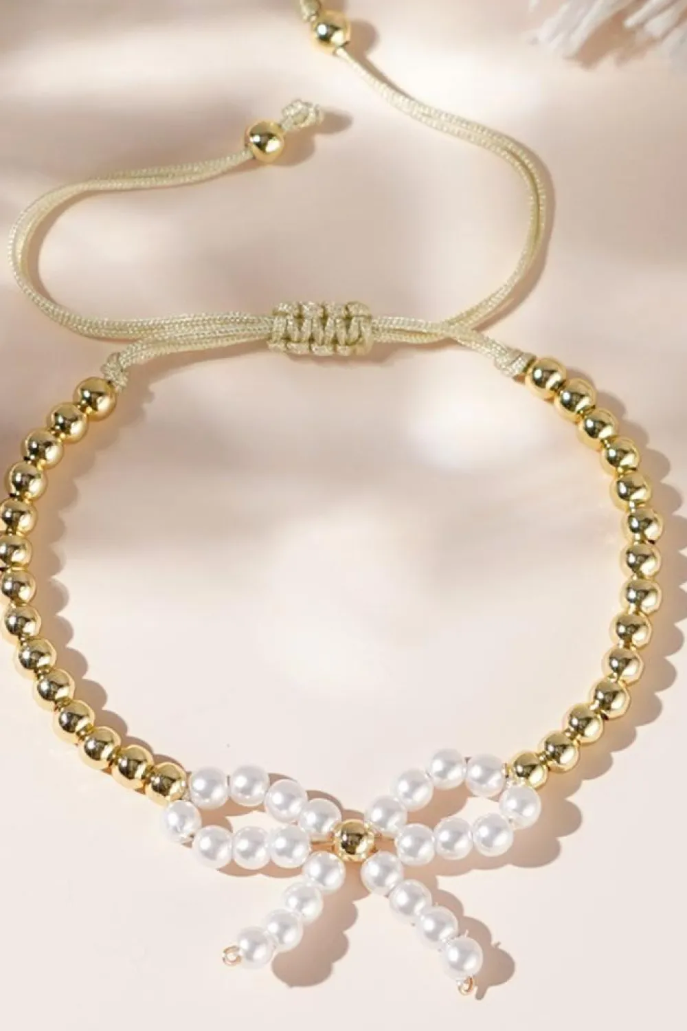 Discount Dear-Lover Pearled Bow Knot Plated Beads Adjustable Bracelet White