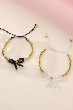 Discount Dear-Lover Pearled Bow Knot Plated Beads Adjustable Bracelet White