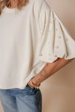 Clearance Dear-Lover Pearled Puff Sleeve Round Neck Loose Top White